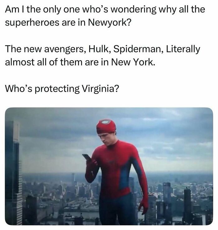 A pop culture meme showing Spider-Man looking at his phone in New York, questioning why all superheroes are in New York.