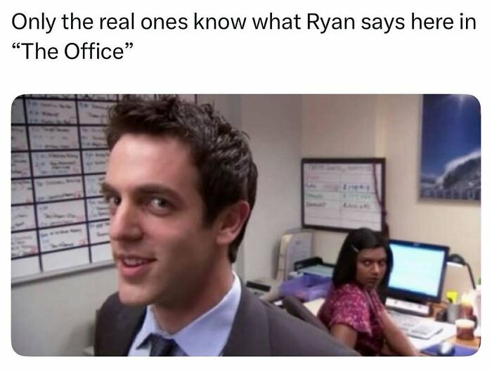 A meme from The Office with Ryan and Kelly, a pop culture post for instant good vibes.