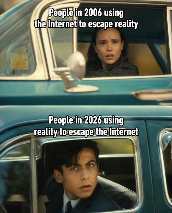 A pop culture post featuring a meme comparing internet use in 2006 and 2026, offering instant good vibes.