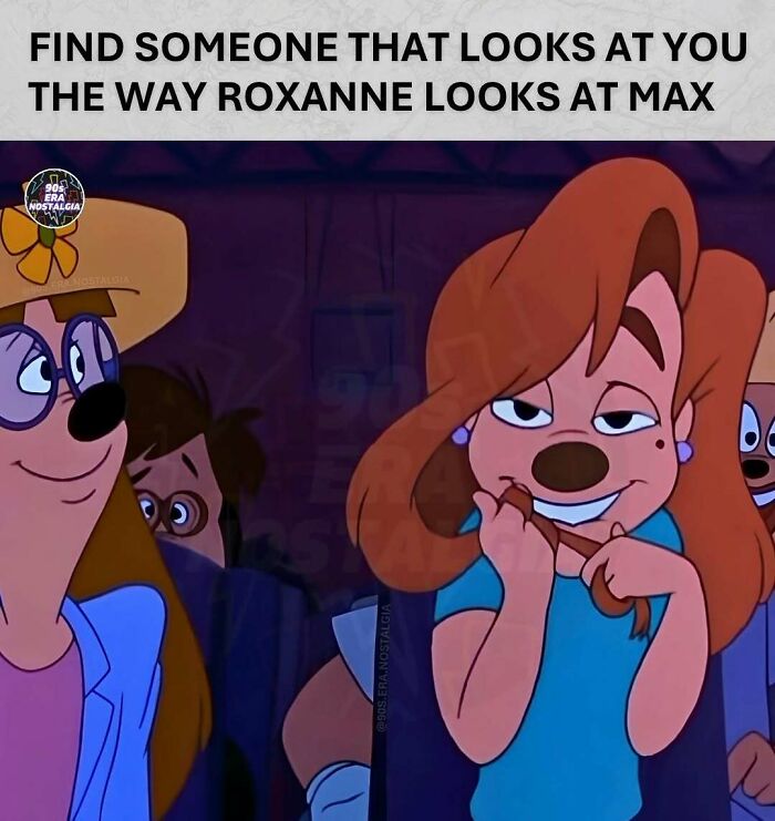 Roxanne from A Goofy Movie looking adoringly at Max, a sweet moment captured in 90s memes.