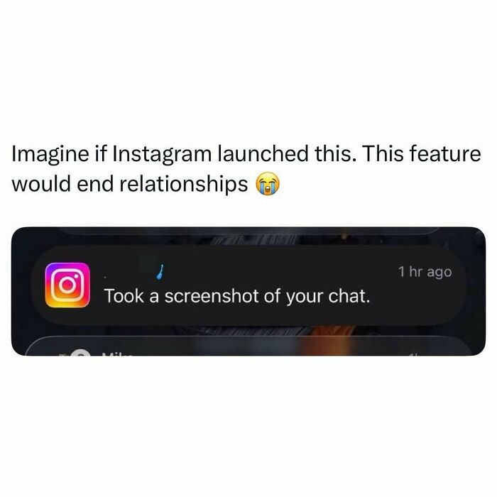 An Instagram notification stating a screenshot was taken of a chat, related to pop culture posts.