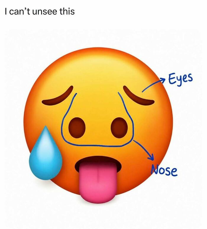 Funny pop culture post of an emoji with lines drawn to reveal hidden eyes and nose, with a tear and tongue.