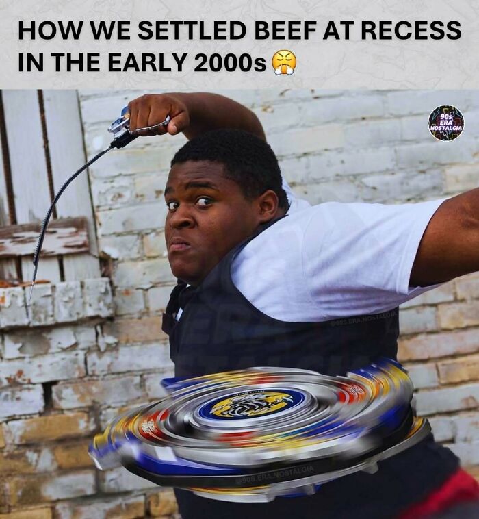 A boy launching a Beyblade, representing hilarious 90s memes and early 2000s recess.