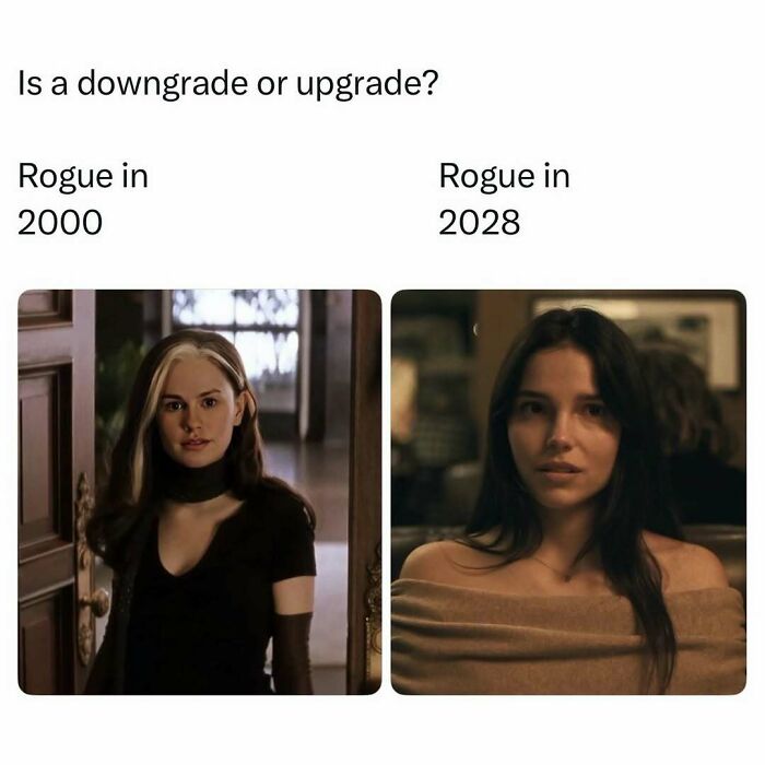 A split image comparing Rogue from X-Men in 2000 vs. 2028, sparking debate on pop culture posts and good vibes.