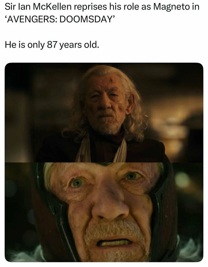 Sir Ian McKellen as Magneto and an older man's face, a pop culture post for good vibes.