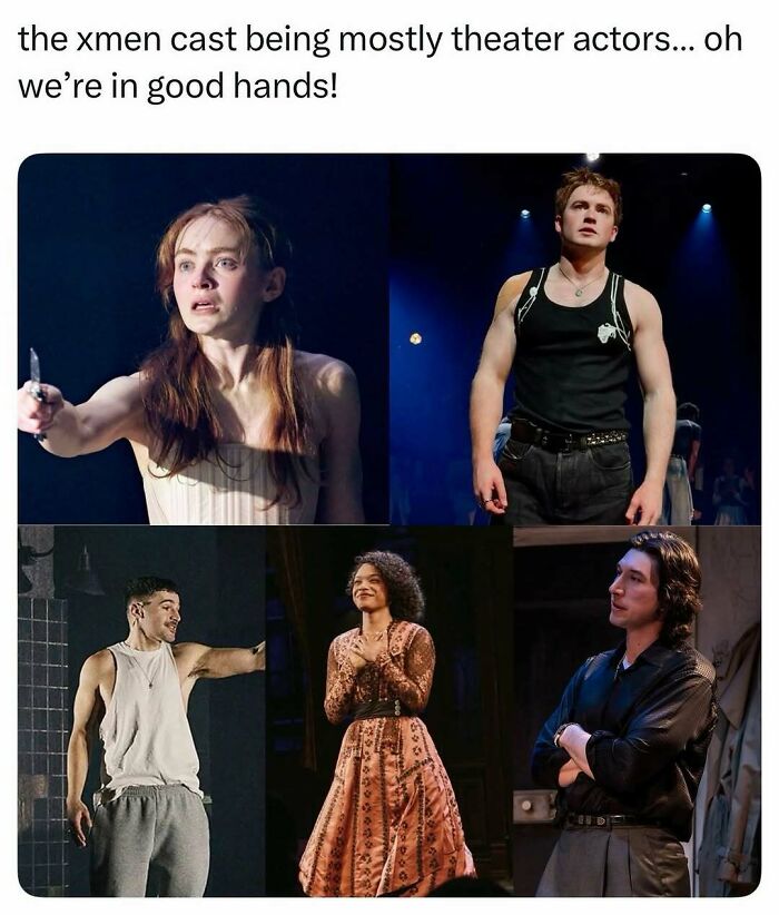A collage of five X-Men cast members, who are theater actors. A pop culture post for instant good vibes.
