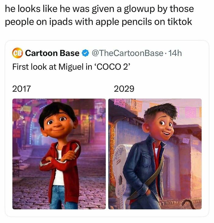 A meme comparing Miguel from Coco in 2017 and 2029, showcasing pop culture posts.