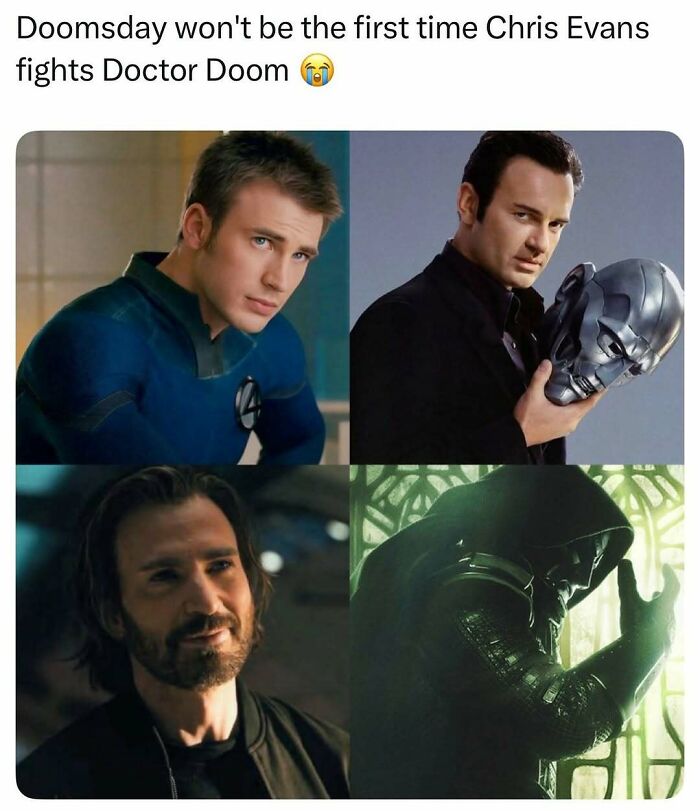 A meme with Chris Evans in various roles, highlighting pop culture posts and his encounters with Doctor Doom.