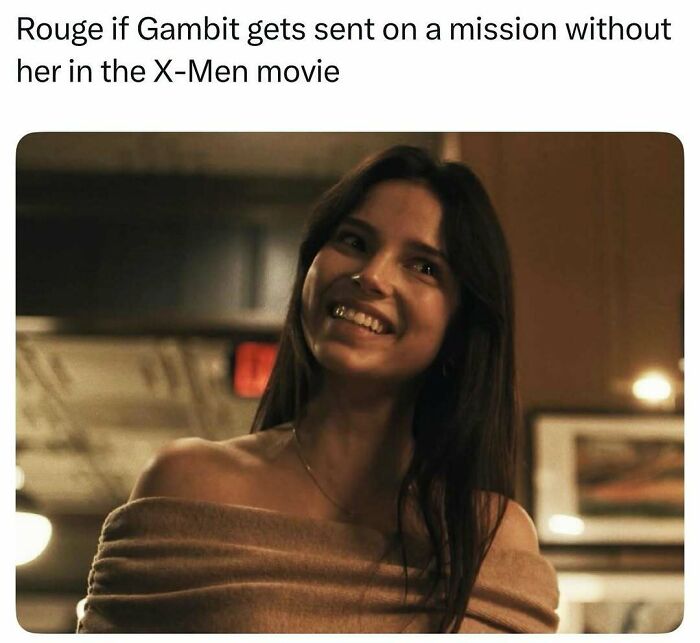 A woman smiling, a pop culture post referencing Gambit and the X-Men movie, radiating good vibes.