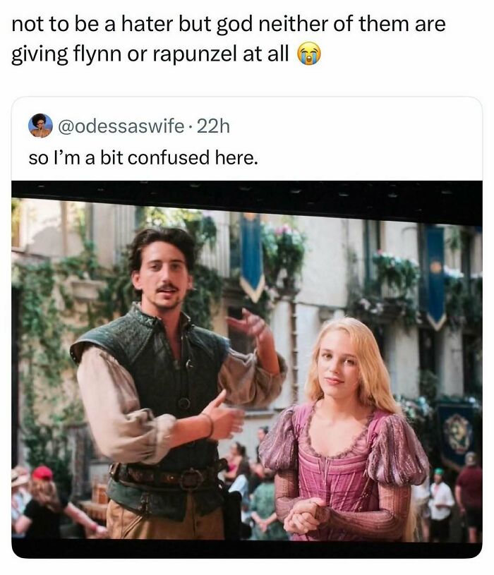 A pop culture post with a tweet and image of actors, stating they dont look like Flynn or Rapunzel, for instant good vibes.