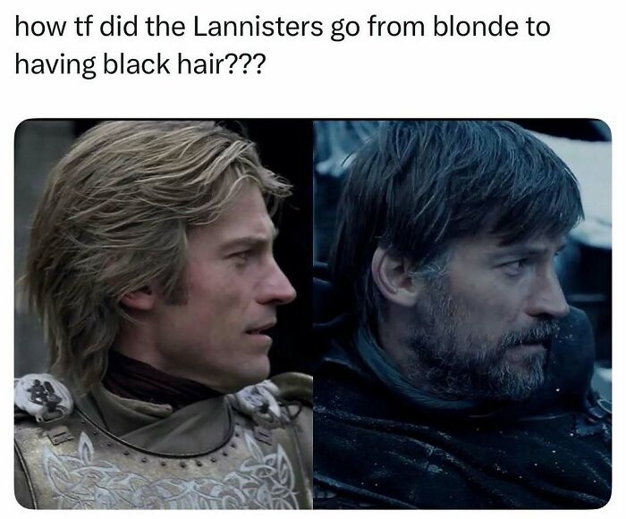 A side-by-side image of Jaime Lannister with blonde hair and black hair, a funny pop culture post.