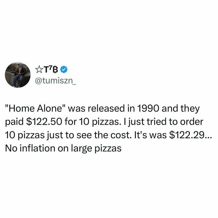 A social media post comparing pizza prices from Home Alone to current prices, showcasing pop culture posts.