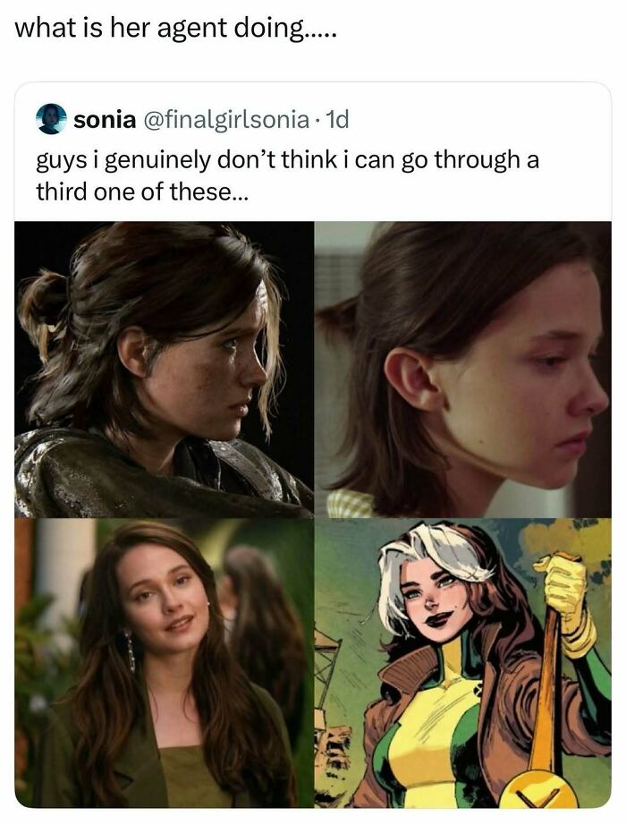 Four images, two of a young woman with a solemn expression and two of a cheerful woman, one drawn. Pop culture posts for good vibes.