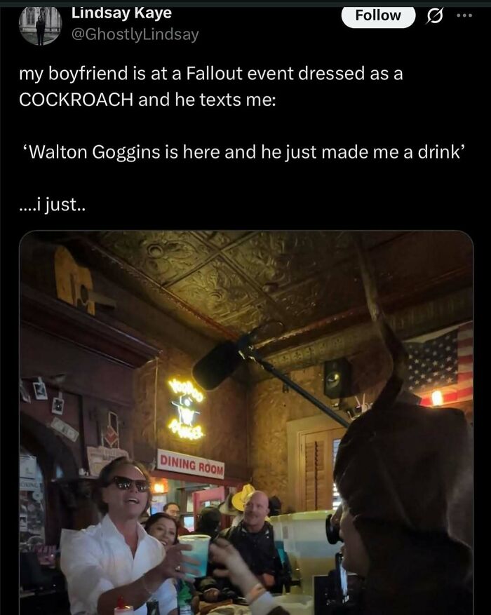 A screenshot of a tweet showing a person dressed as a cockroach at a Fallout event, a meme for changing mood.