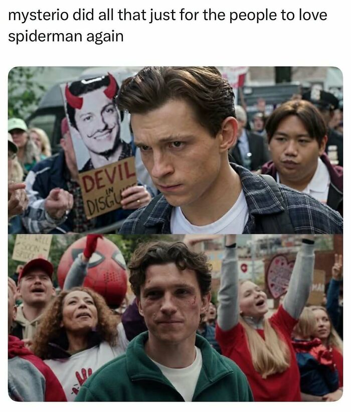 Pop culture post featuring Spider-Man surrounded by a crowd, some holding a Devil in Disguise sign, others cheering.