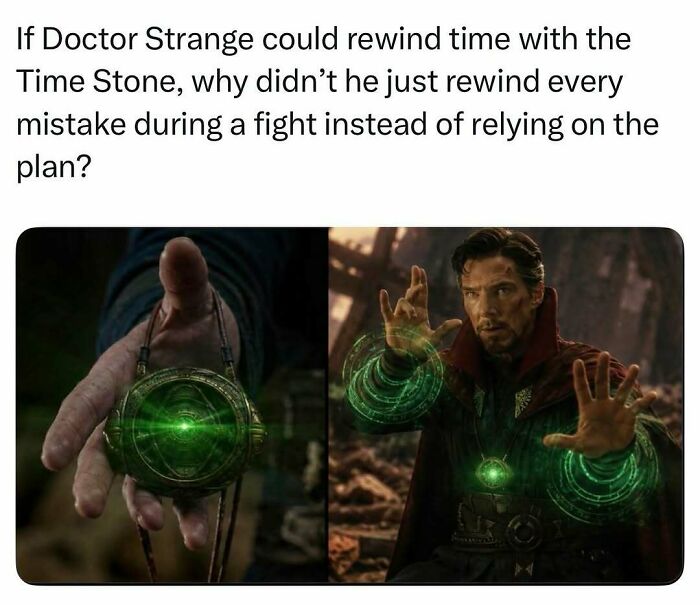 A pop culture post featuring Doctor Strange and the Time Stone, questioning his use of powers for instant good vibes.