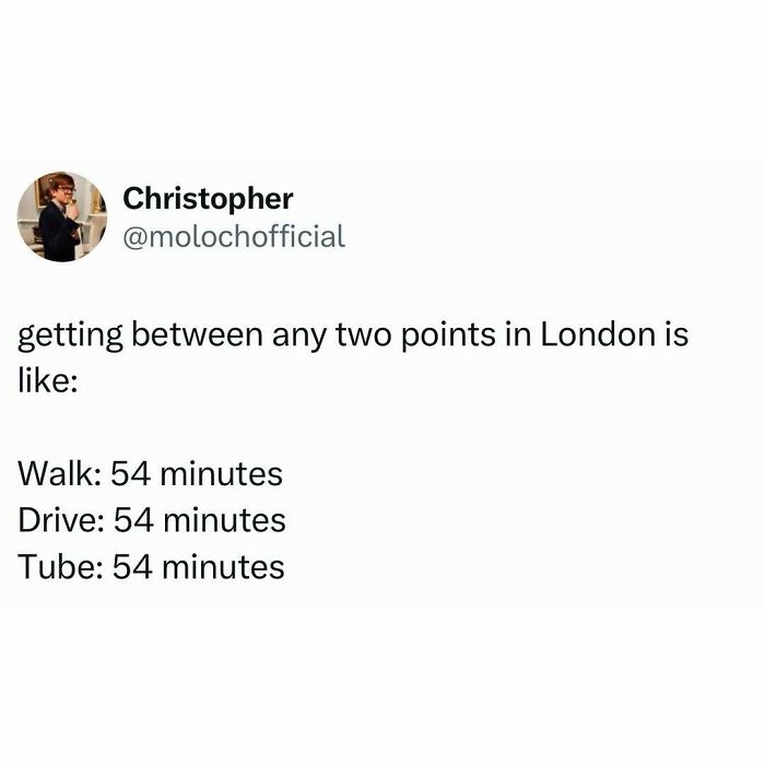 A social media post humorously describing London travel times, part of pop culture posts.