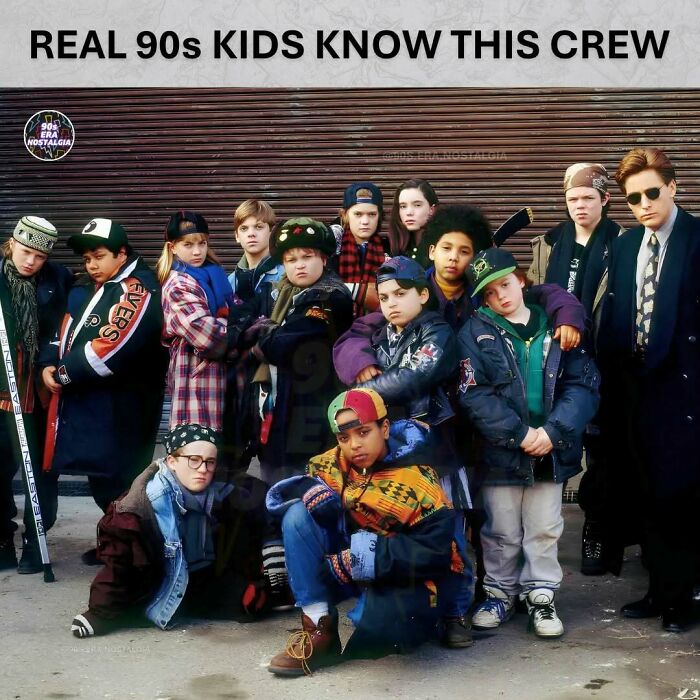 A group of 90s kids posing, representing the era of hilarious 90s memes.