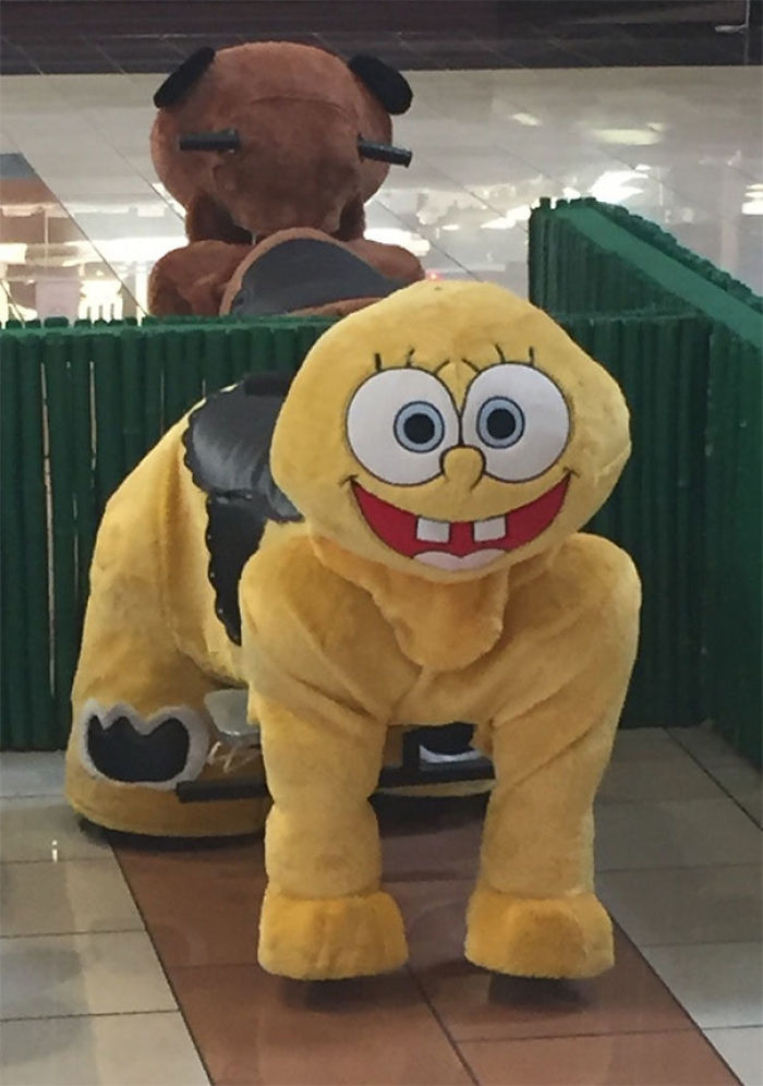 A Spongebob Squarepants ride-on toy with an unsettling design, a humorous example of design fails.
