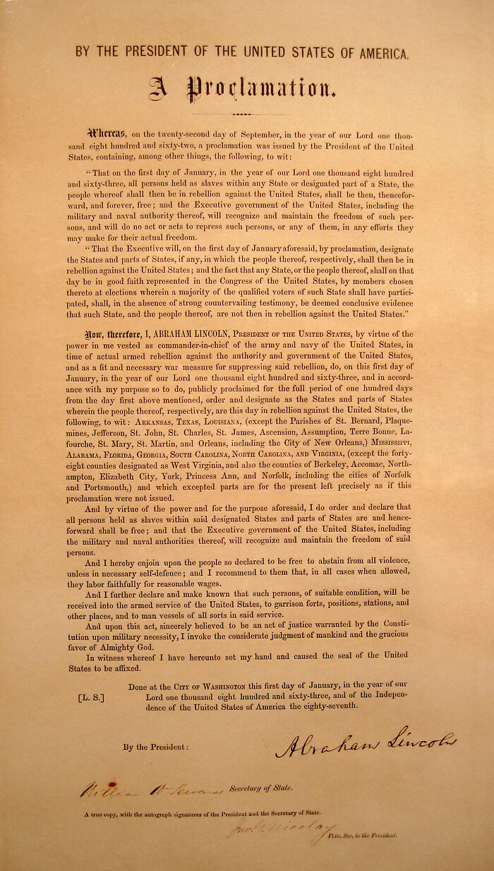 The Emancipation Proclamation, a pivotal historical document from the United States, signed by Abraham Lincoln.
