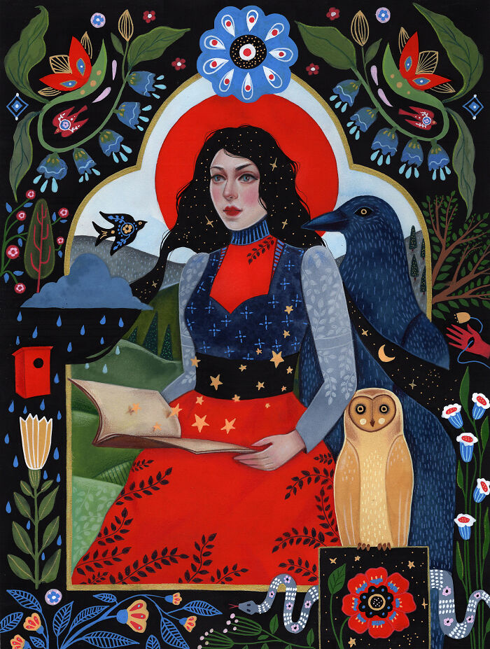 Aunia Kahn folk-inspired artwork: a woman reading with an owl and a raven, rich in traditions and symbolism.