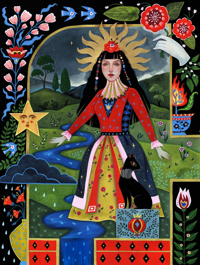 Aunia Kahn folk-inspired artwork featuring a woman in a red dress with golden sun rays, surrounded by nature and symbols.