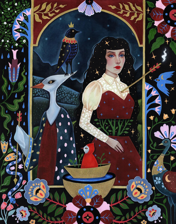 Folk-inspired artwork by Aunia Kahn featuring a woman with an arrow in her chest, surrounded by symbolic birds and intricate foliage.