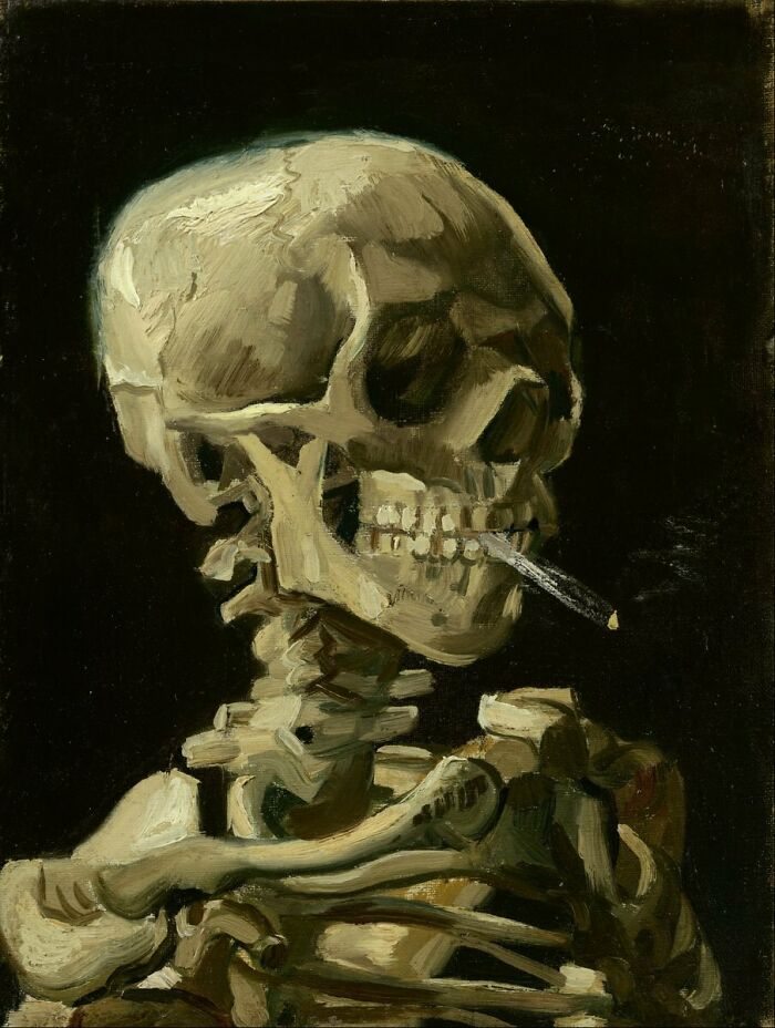 A macabre painting, a hidden gem by a famous artist, showing a skeleton smoking a cigarette against a dark background.