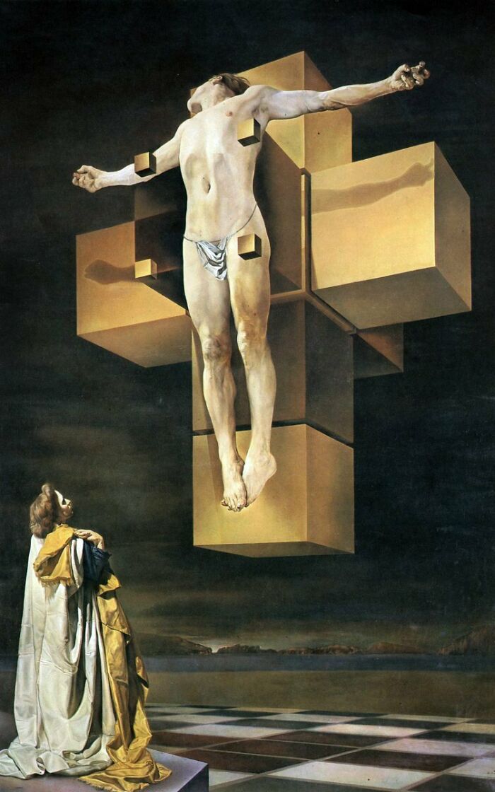 A surrealist painting of Christ on the cross made of cubes, with a figure looking up. One of history's famous artists hidden gems.