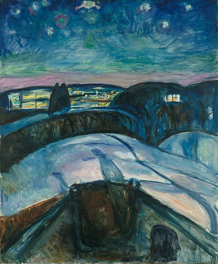 A dark, expressive landscape painting with a starry sky over a snowy road and distant lights. A hidden gem by famous artists.