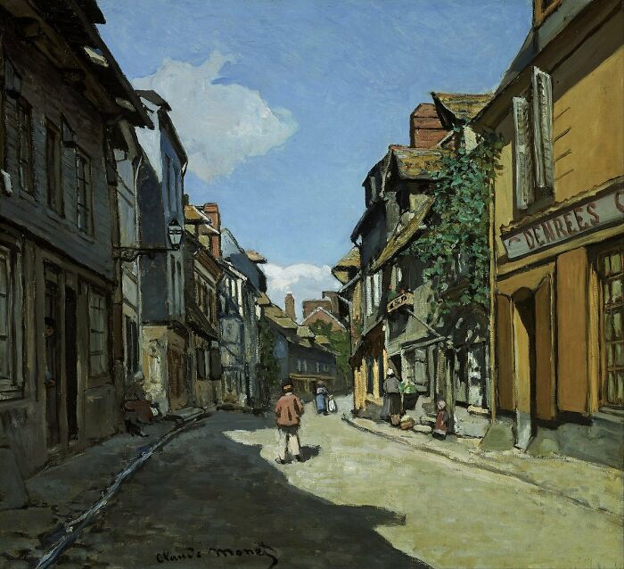 A charming street scene, one of history's famous artists works, showing old buildings and a few people walking.