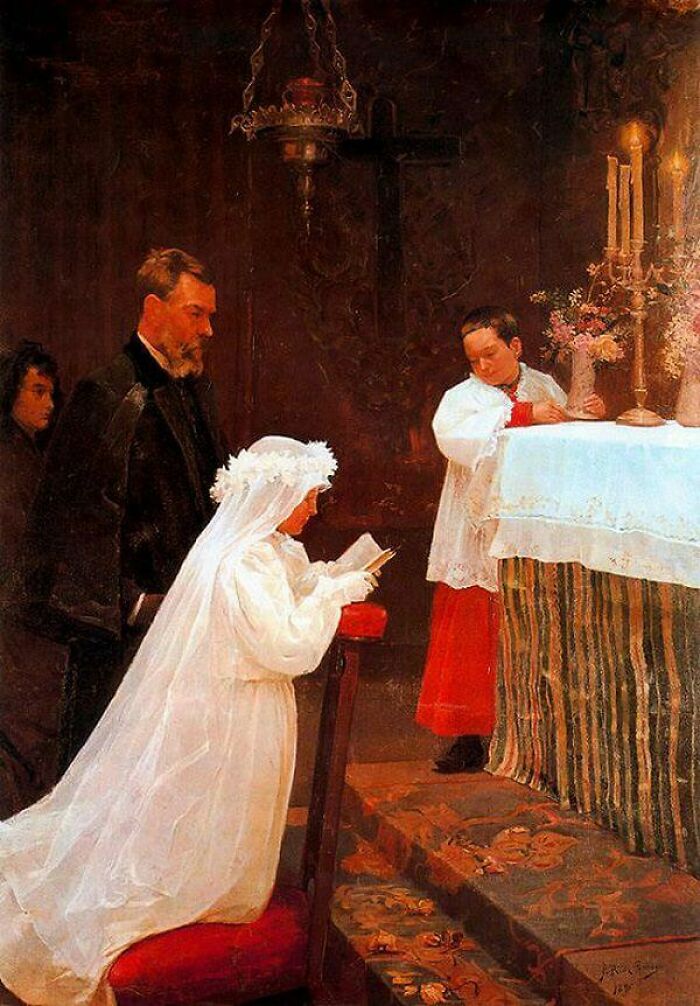 A young girl in white kneeling in a church, a hidden gem by one of history's most famous artists.