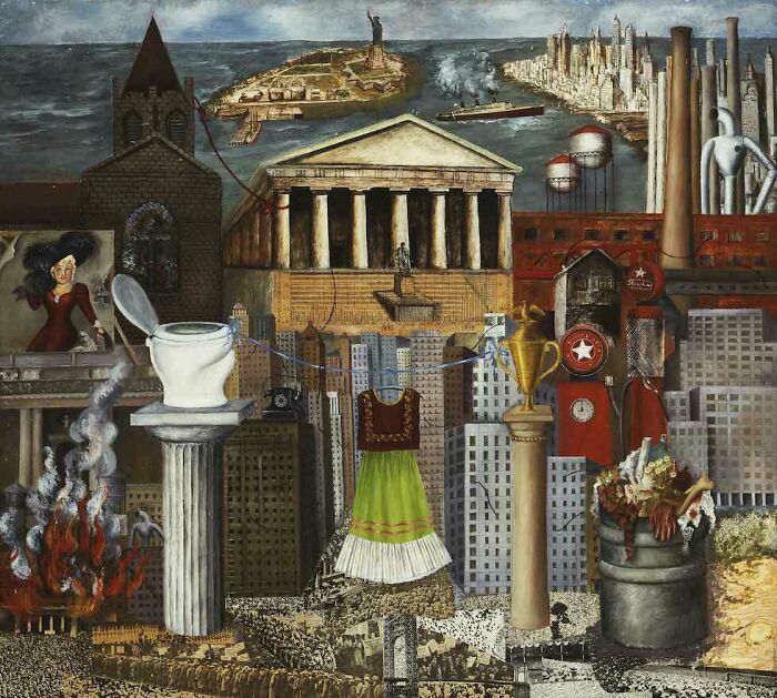 A complex collage painting with many elements of modern life. This is one of the hidden gems by famous artists.