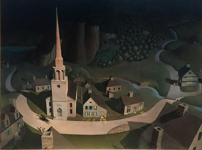 A classic painting, a hidden gem by a famous artist, depicting a New England village at night under a full moon, with a church steeple and a horse-drawn carriage.
