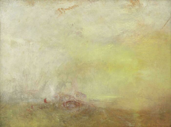 An abstract painting, a hidden gem by a famous artist, with swirling yellow and white hues and hints of red, capturing an ethereal atmosphere.