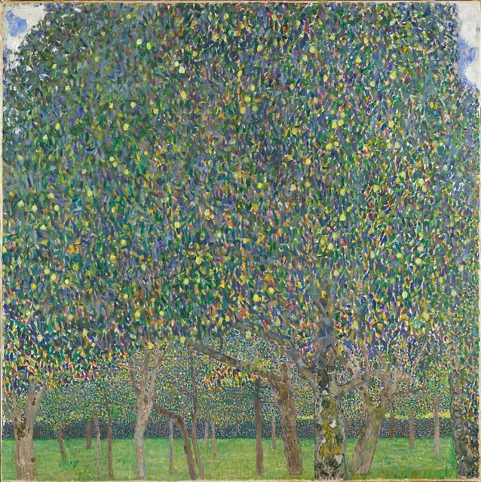 A vibrant painting of trees, a hidden gem by one of history's most famous artists, featuring dense foliage.