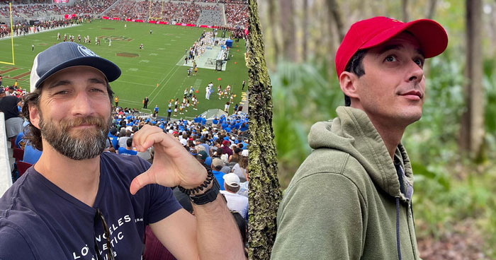 Side-by-side image of a former Disney heartthrob: one at a football game, the other outdoors in a forest.