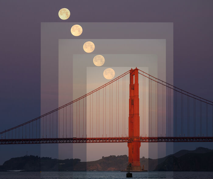 Multiple moons rise above the Golden Gate Bridge in an astronomy photo from the ZWO Shortlist.