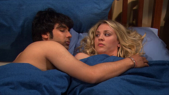 Kaley Cuoco and co-star in a scene from The Big Bang Theory, portraying a hookup. Kaley Cuoco and co-star in a scene from The Big Bang Theory, portraying a hookup.
