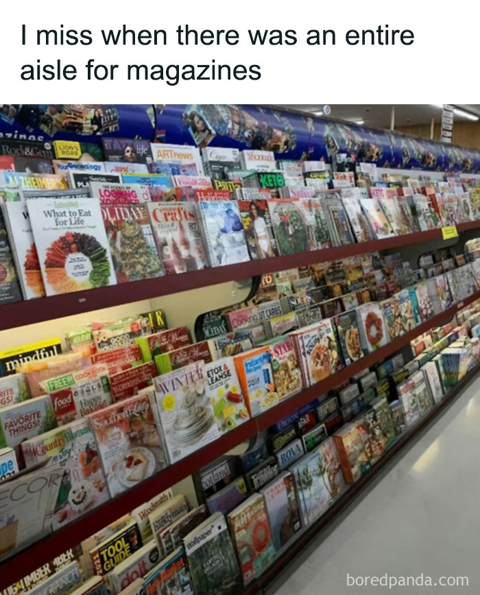 An aisle full of diverse magazines, evoking '90s and '00s nostalgia for browsing physical media.