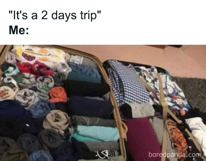 A travel meme showing an overpacked suitcase for a two-day trip, humorously exaggerating packing for vacay abroad.