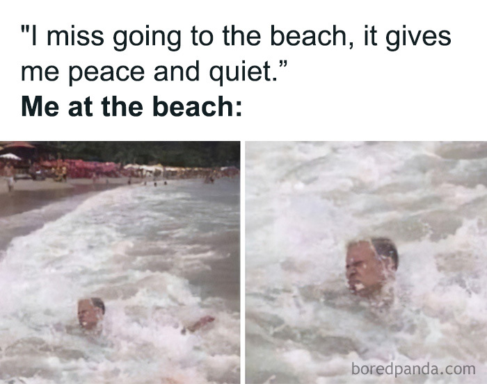 A travel meme of a person struggling in ocean waves, enjoying their vacay abroad.