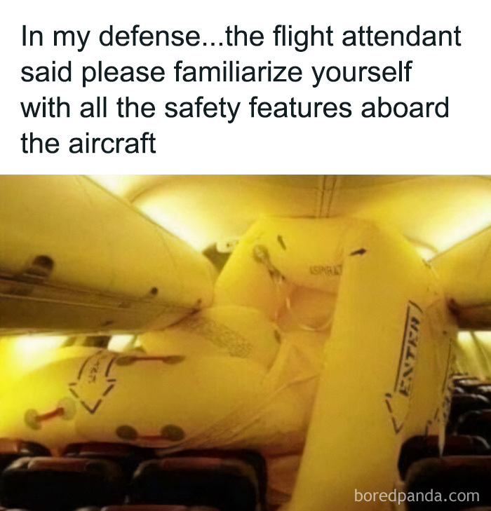 A travel meme depicting an inflated emergency slide inside an airplane, emphasizing travel memes.