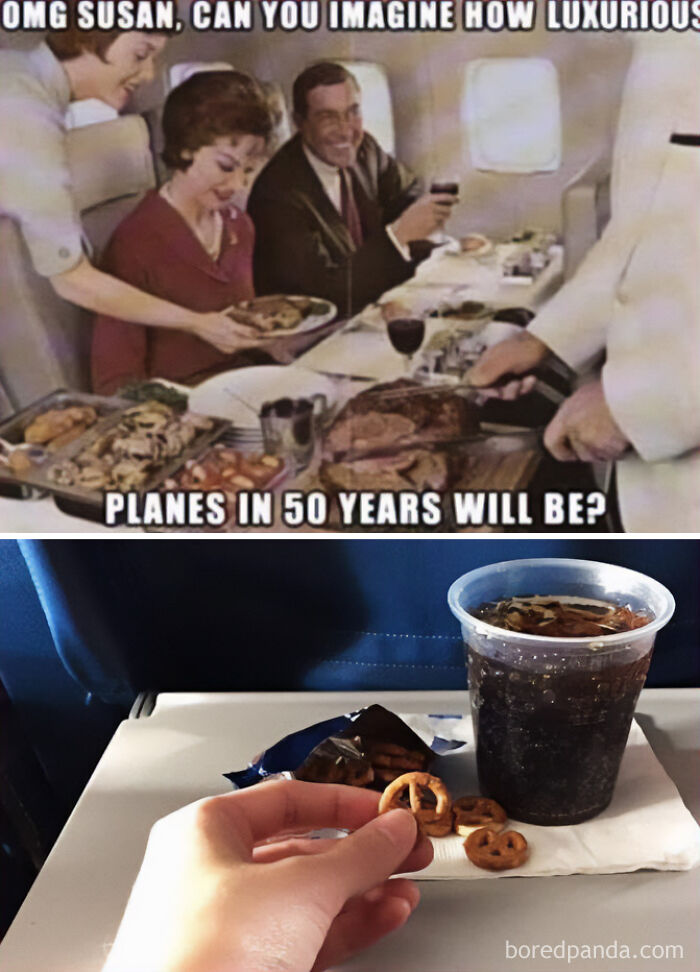 A travel meme contrasting a luxurious old-school airplane meal with a modern plane snack, highlighting travel memes.