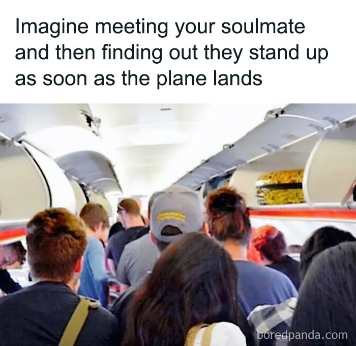 Passengers standing up on a plane after landing, a funny travel meme about air travel etiquette.