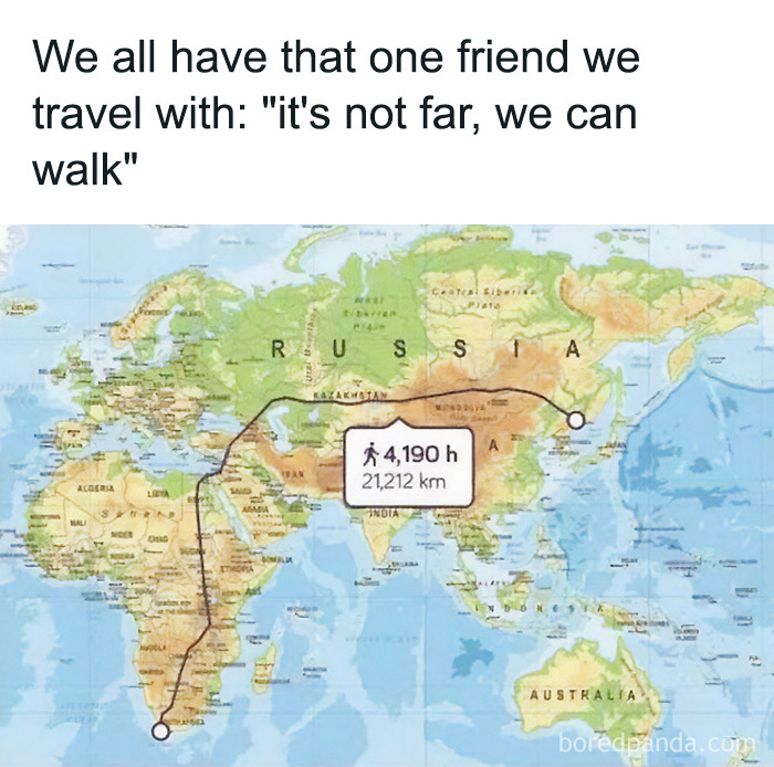 A travel meme featuring a world map with an extremely long walking route, humorously depicting travel distances.