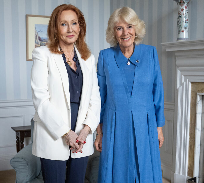 J.K. Rowling and Camilla, Queen Consort, standing together, in relation to the Harry Potter series.