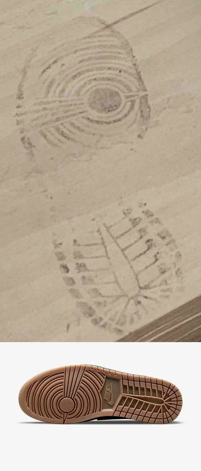 Image of shoe prints on the floor with an image of the shoe sole, depicting things people lost hope to find.