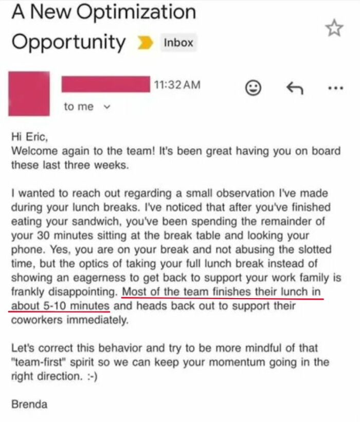 An email from Corporate Absurdity stating that employees should not take full lunch breaks.