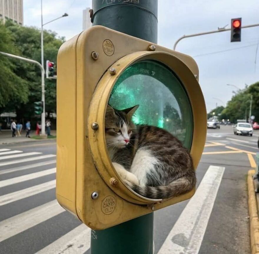 A weird cat curled up inside a traffic light, looking out at the street.